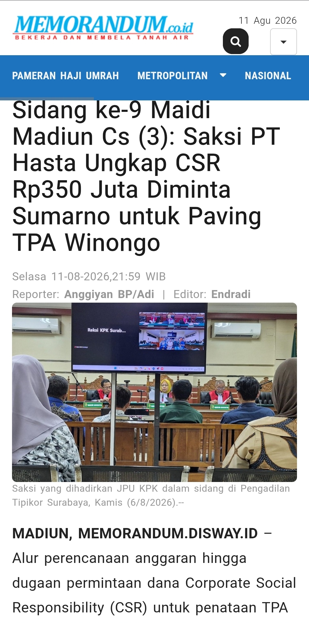 Sidang ke-9 Maidi Madiun Cs (3): Saksi PT Hasta Ungkap CSR Rp350 Juta Diminta Sumarno untuk Paving TPA Winongo