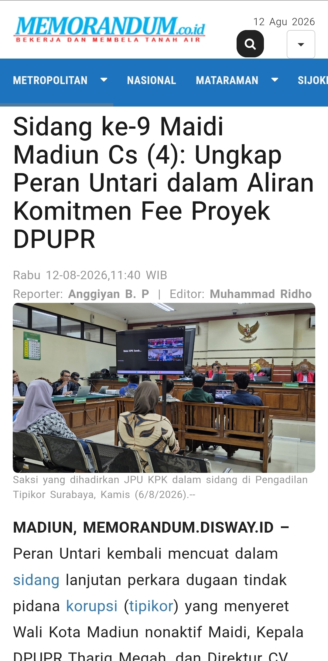 Dokumen Sidang ke-9 Maidi Madiun Cs (4): Ungkap Peran Untari dalam Aliran Komitmen Fee Proyek DPUPR