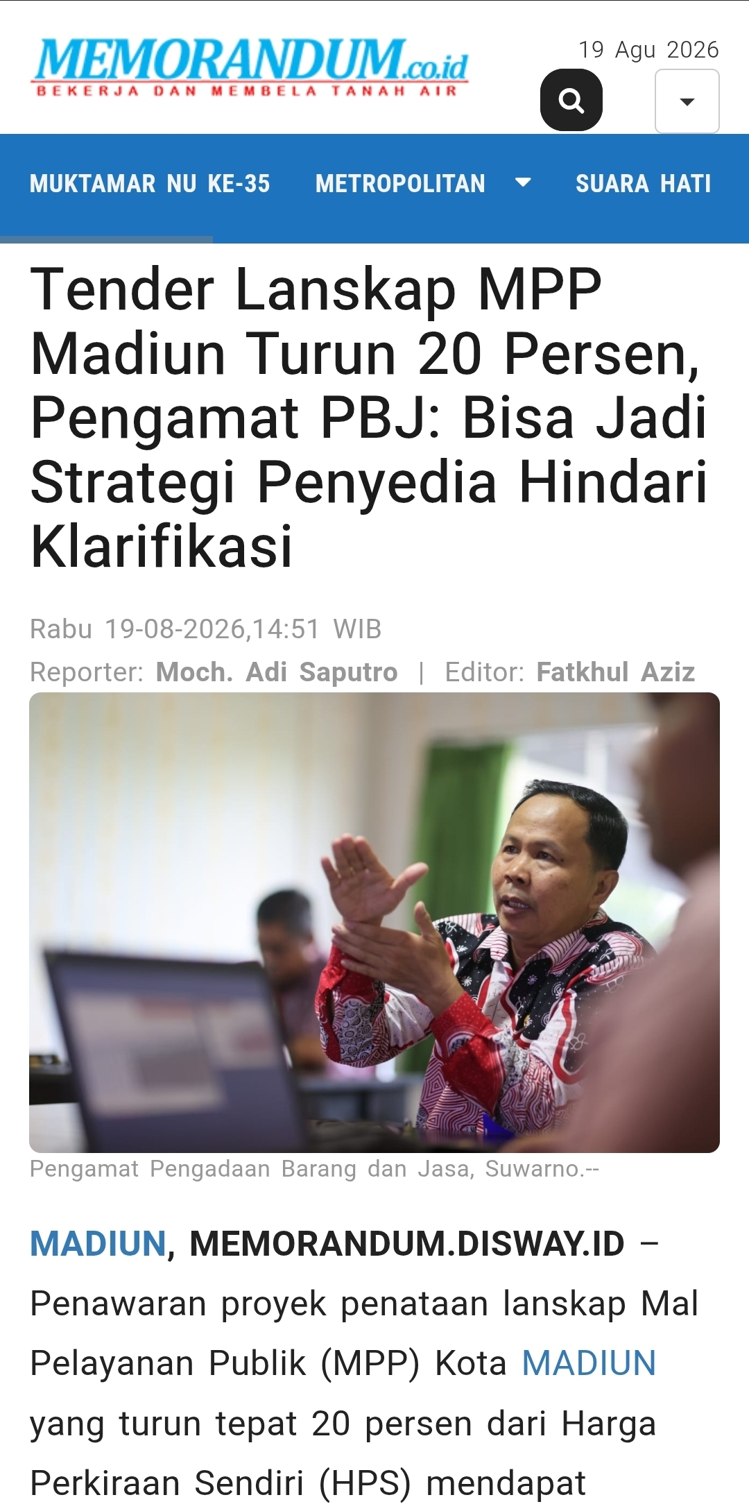 Dokumen Tender Lanskap MPP Madiun Turun 20 Persen, Pengamat PBJ: Bisa Jadi Strategi Penyedia Hindari Klarifikasi