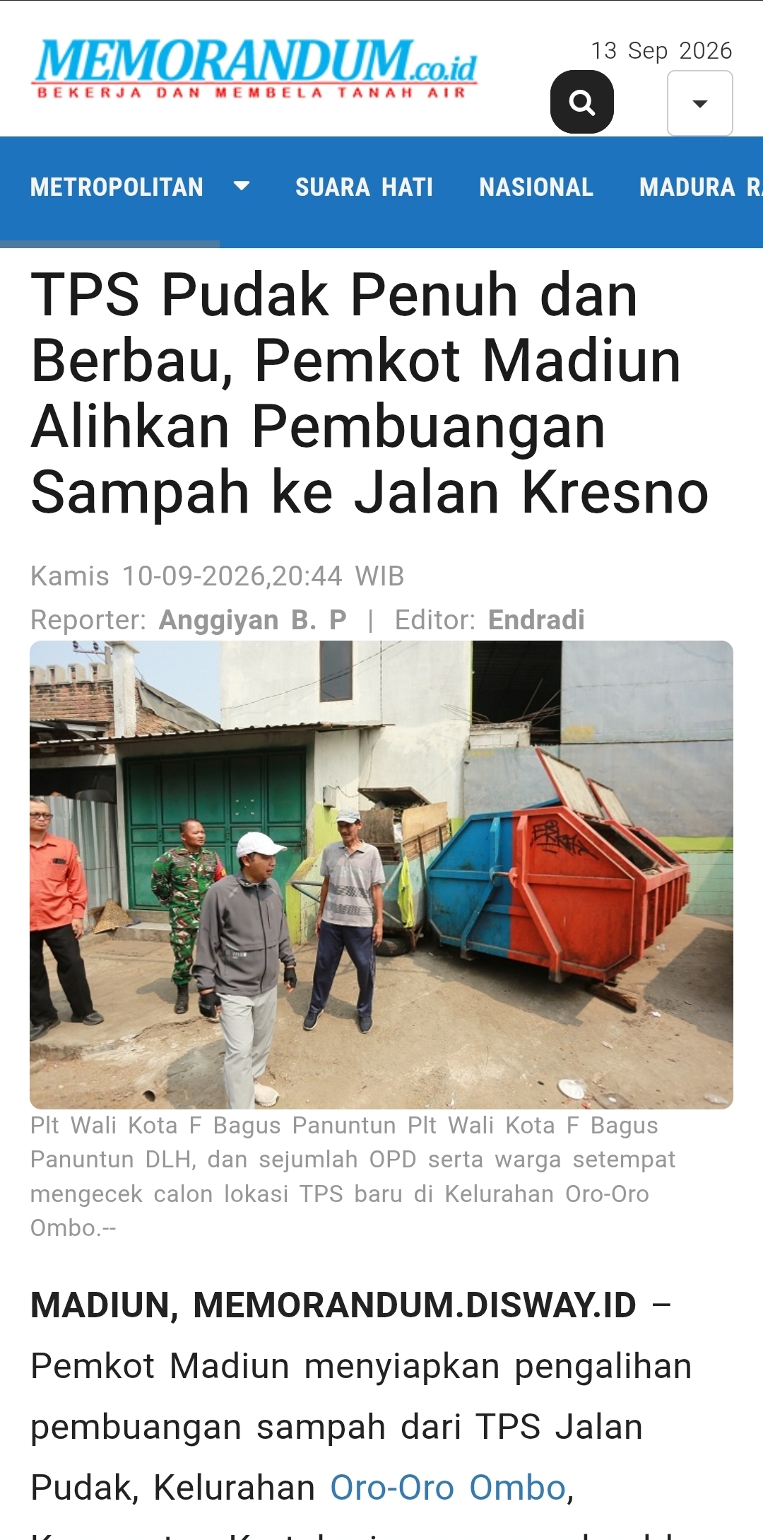 TPS Pudak Penuh dan Berbau, Pemkot Madiun Alihkan Pembuangan Sampah ke Jalan Kresno