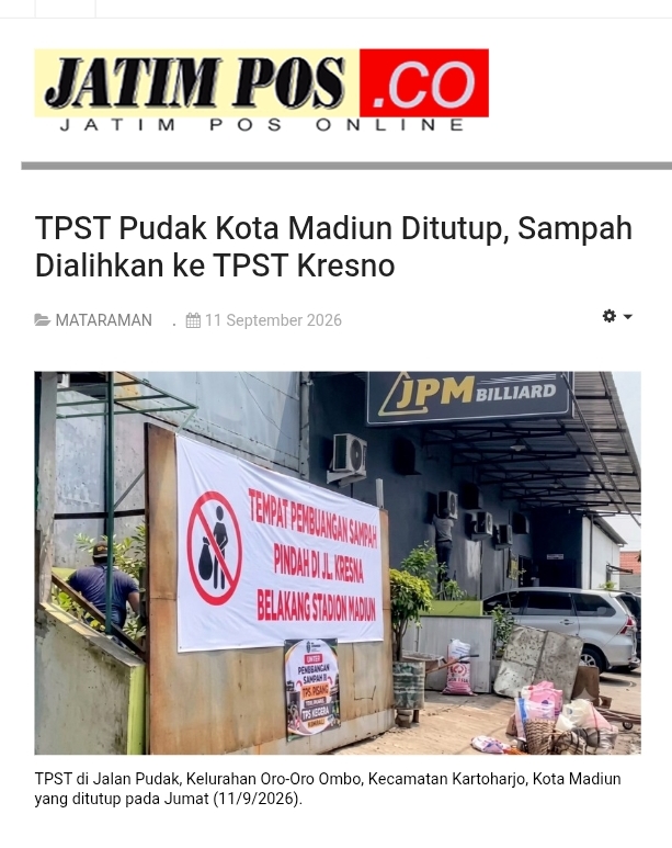 Dokumen TPST Pudak Kota Madiun Ditutup, Sampah Dialihkan ke TPST Kresno