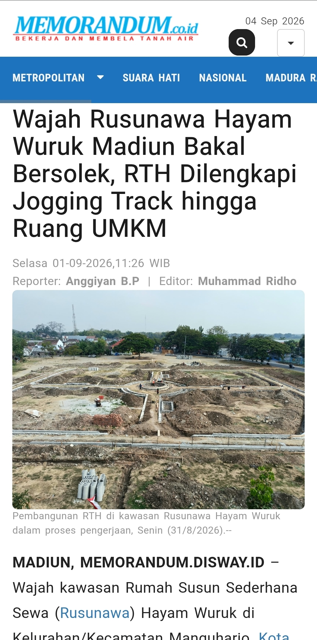 Wajah Rusunawa Hayam Wuruk Madiun Bakal Bersolek, RTH Dilengkapi Jogging Track hingga Ruang UMKM
