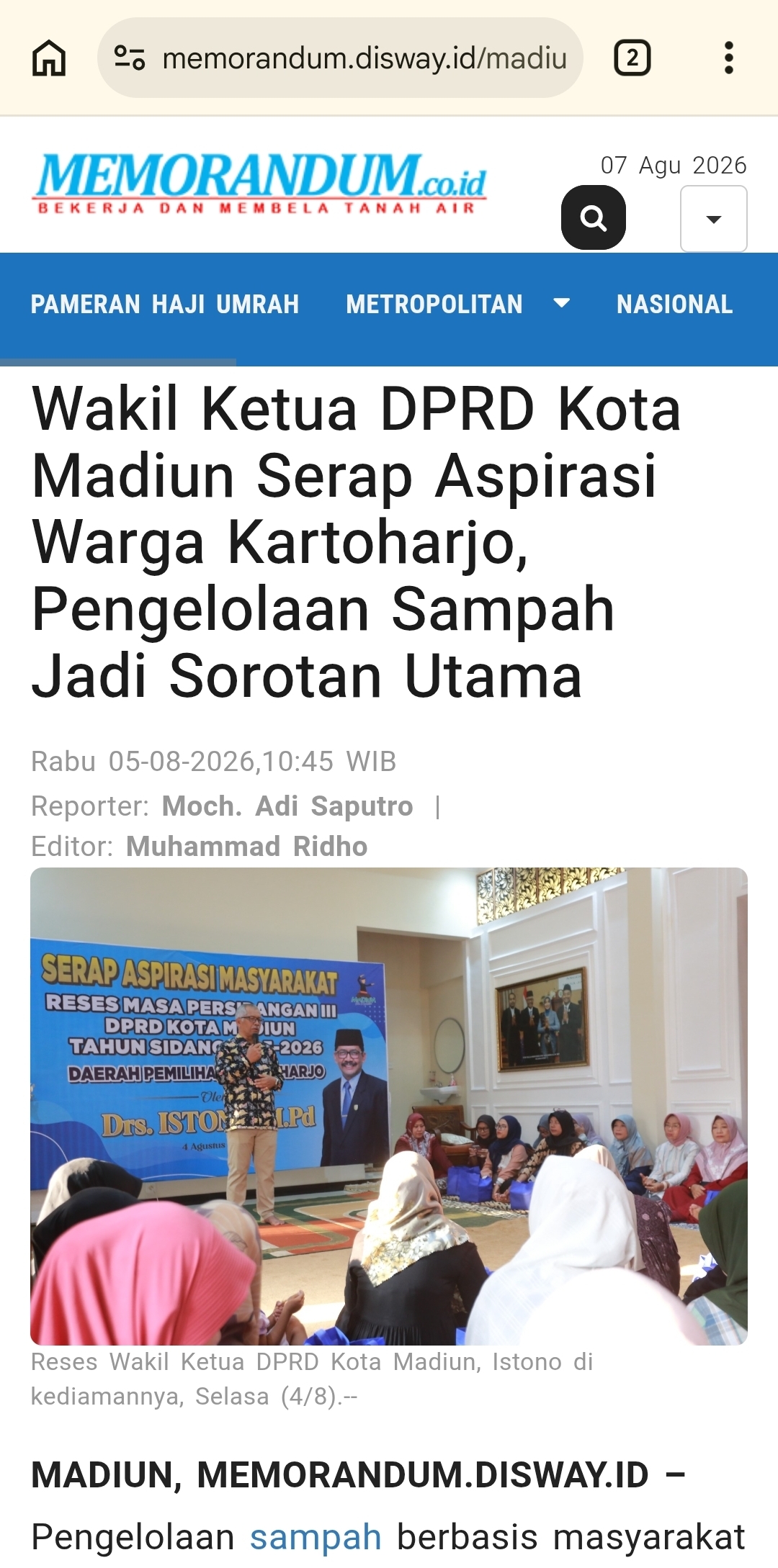 Wakil Ketua DPRD Kota Madiun Serap Aspirasi Warga Kartoharjo, Pengelolaan Sampah Jadi Sorotan Utama