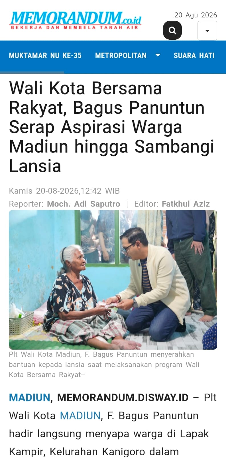Wali Kota Bersama Rakyat, Bagus Panuntun Serap Aspirasi Warga Madiun hingga Sambangi Lansia