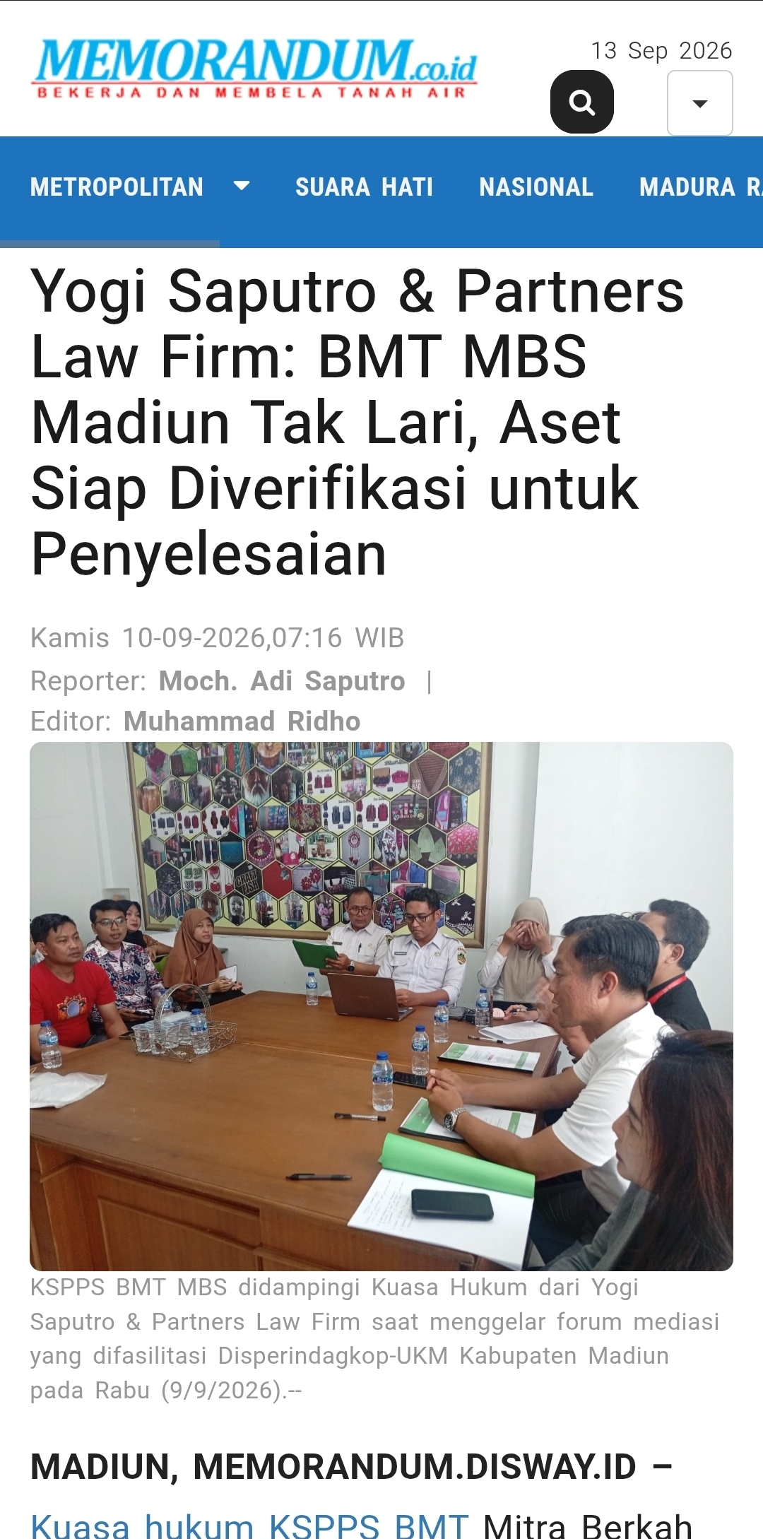Yogi Saputro & Partners Law Firm: BMT MBS Madiun Tak Lari, Aset Siap Diverifikasi untuk Penyelesaian
