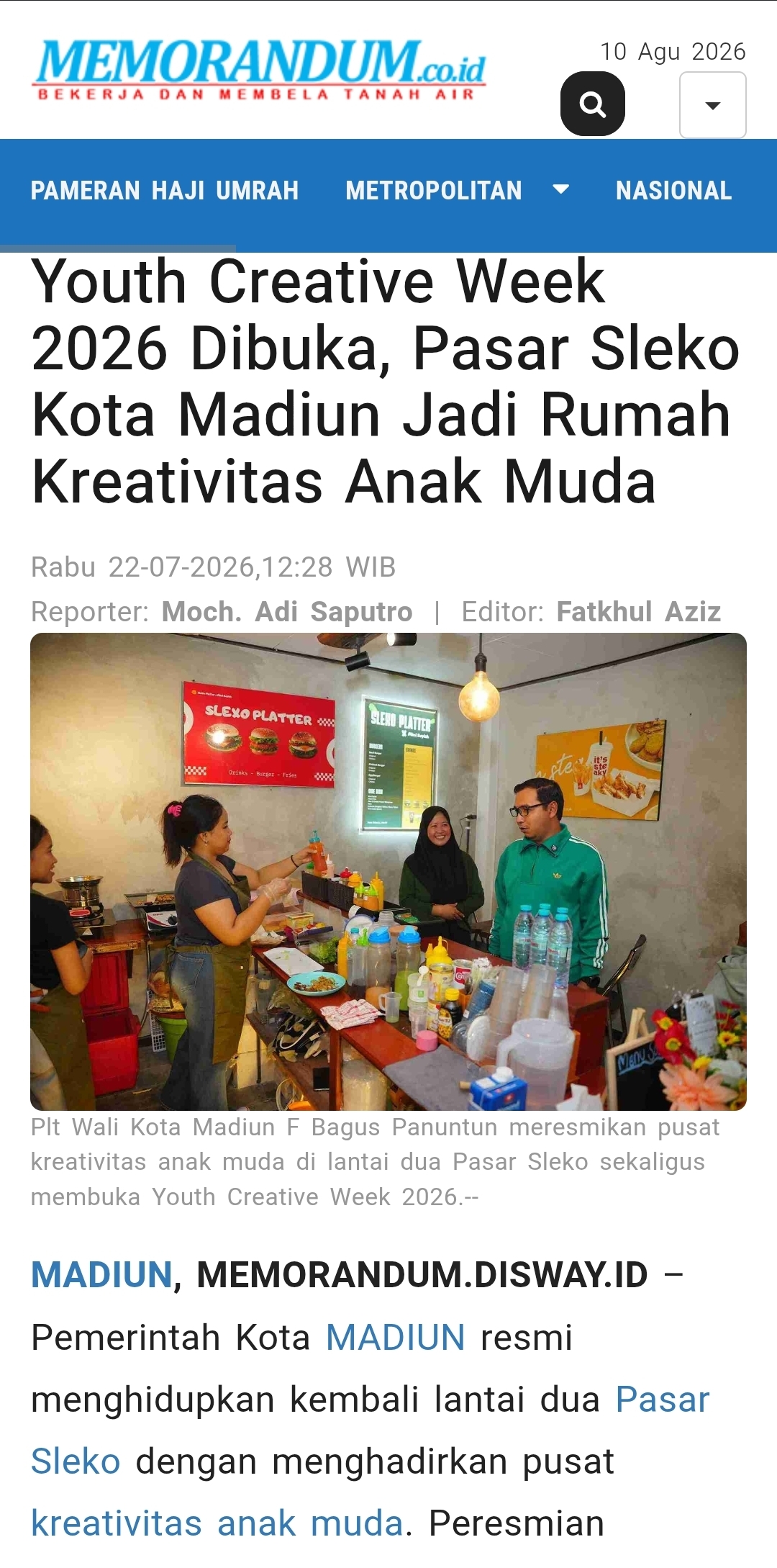 Youth Creative Week 2026 Dibuka, Pasar Sleko Kota Madiun Jadi Rumah Kreativitas Anak Muda