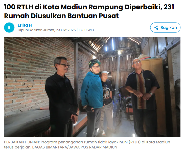 100 RTLH di Kota Madiun Rampung Diperbaiki, 231 Rumah Diusulkan Bantuan Pusat