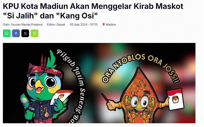 KPU Kota Madiun Akan Menggelar Kirab Maskot "Si Jalih" dan "Kang Osi"