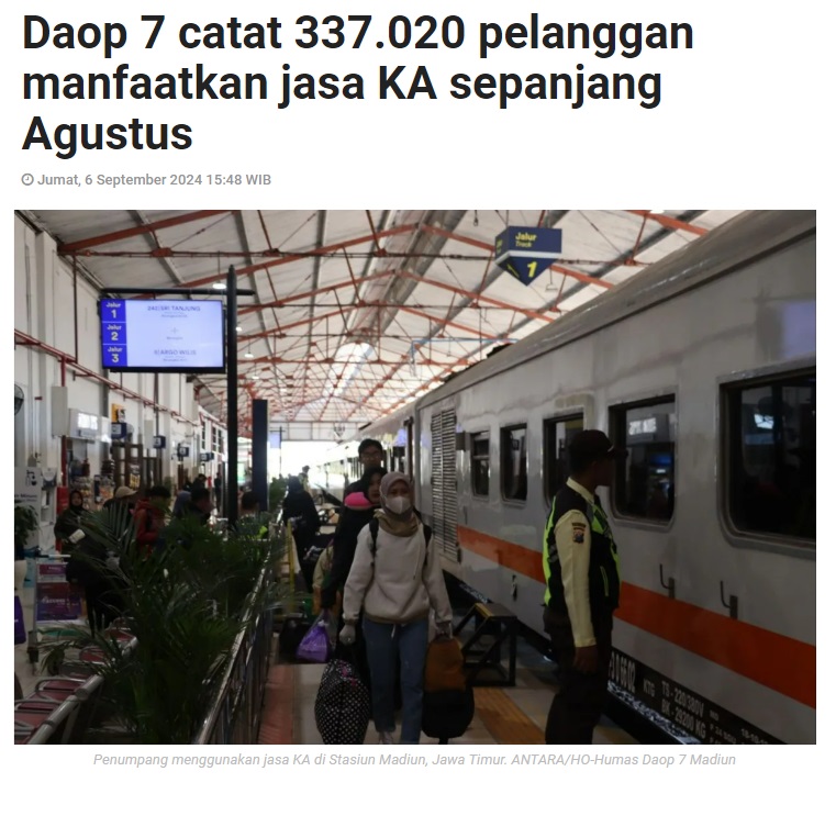 Daop 7 catat 337.020 pelanggan manfaatkan jasa KA sepanjang Agustus