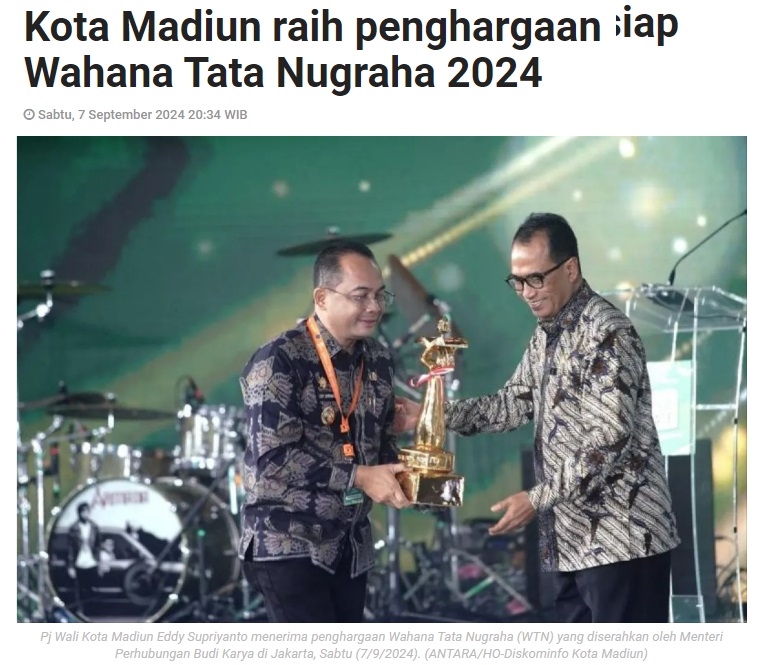 Kota Madiun raih penghargaan Wahana Tata Nugraha 2024