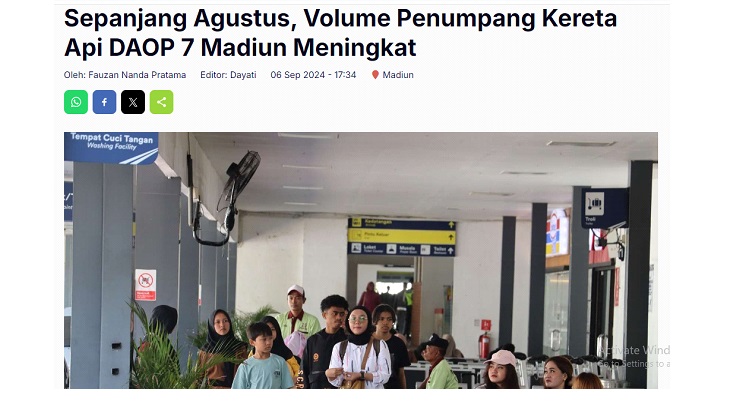 Sepanjang Agustus, Volume Penumpang Kereta Api DAOP 7 Madiun Meningkat
