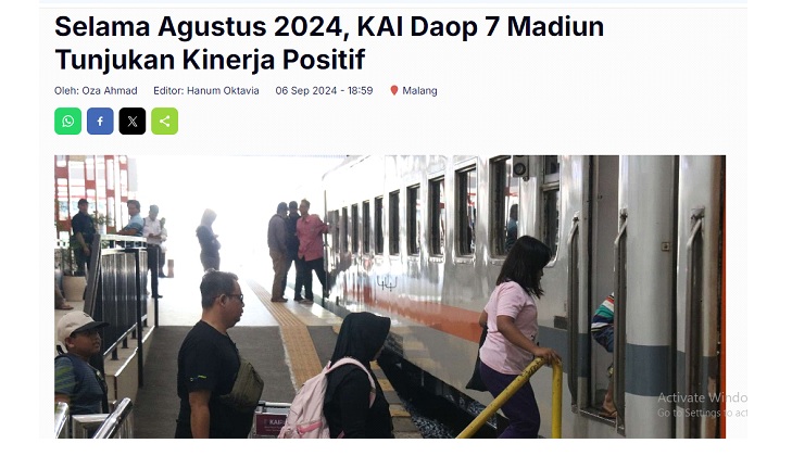 Selama Agustus 2024, KAI Daop 7 Madiun Tunjukan Kinerja Positif