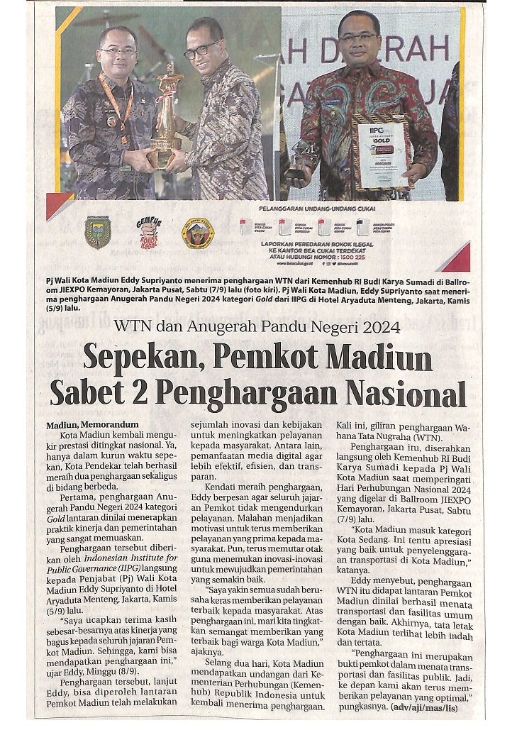Sepekan, Pemkot Madiun Sabet 2 Penghargaan Nasional