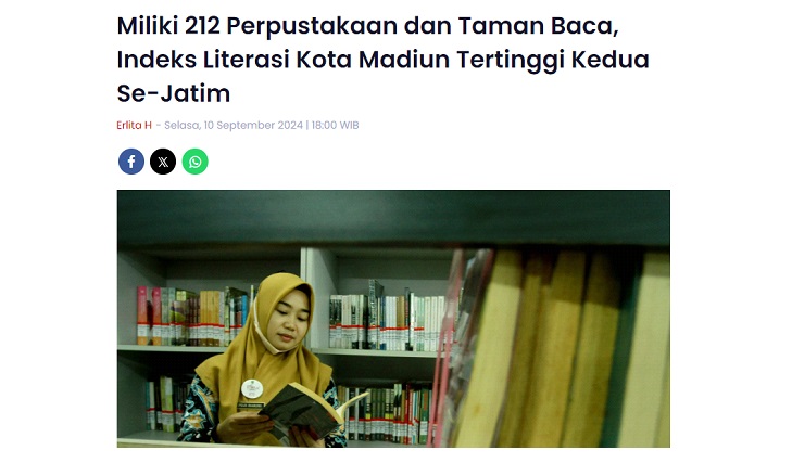 Miliki 212 Perpustakaan dan Taman Baca, Indeks Literasi Kota Madiun Tertinggi Kedua Se-Jatim