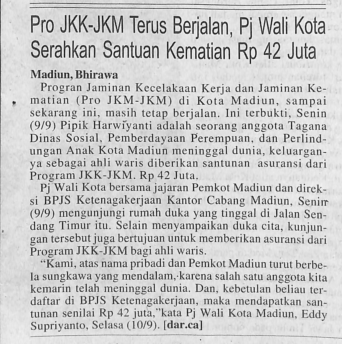 Pro JKK-JKM Terus Berjalan, Pj Wali Kota Serahkan Santunan Kematian Rp 42 Juta