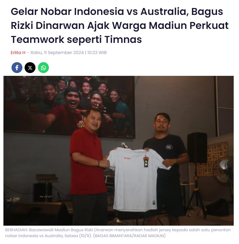 Gelar Nobar Indonesia vs Australia, Bagus Rizki Dinarwan Ajak Warga Madiun Perkuat Teamwork seperti Timnas