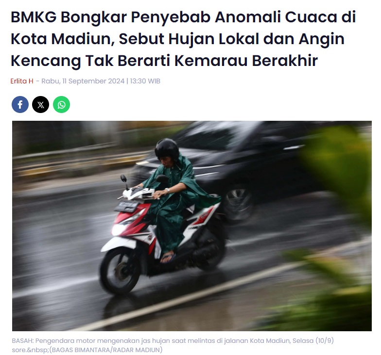 BMKG Bongkar Penyebab Anomali Cuaca di Kota Madiun, Sebut Hujan Lokal dan Angin Kencang Tak Berarti Kemarau Berakhir