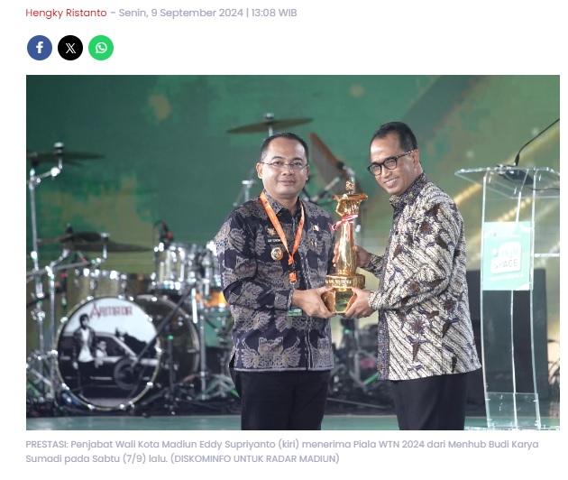 Berhasil Kelola Transportasi dan Fasilitas Publik, Pemkot Madiun Raih Piala Wahana Tata Nugraha 2024 dari Kemenhub