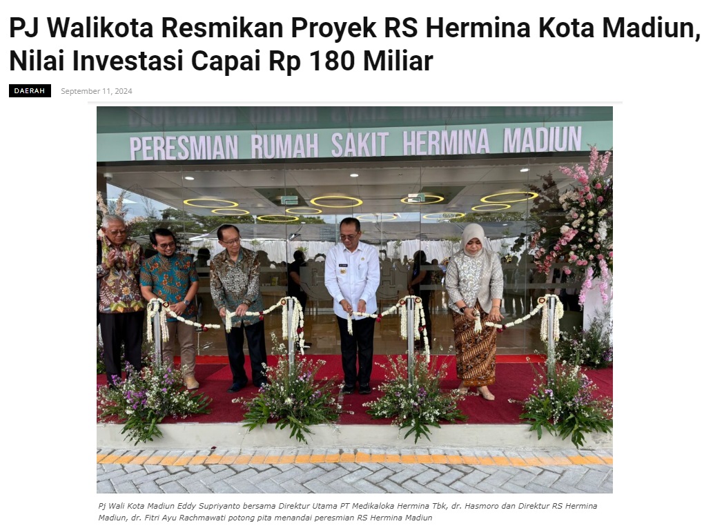 PJ Walikota Resmikan Proyek RS Hermina Kota Madiun, Nilai Investasi Capai Rp 180 Miliar