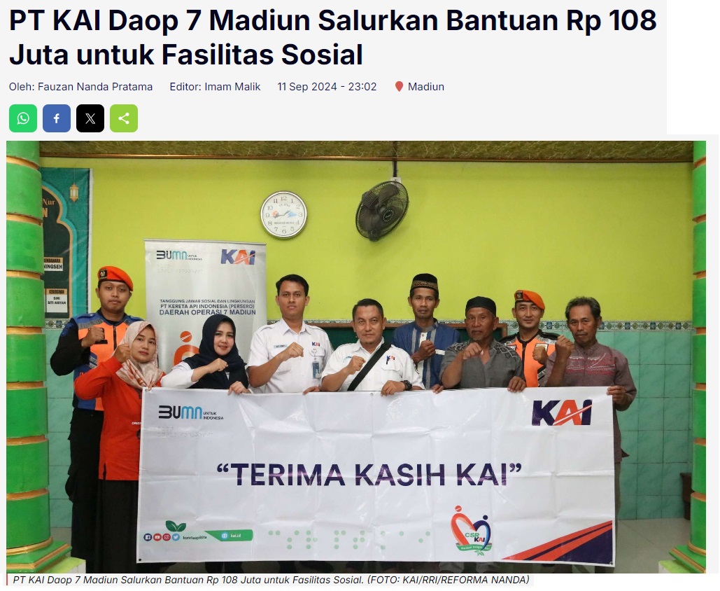 PT KAI Daop 7 Madiun Salurkan Bantuan Rp 108 Juta untuk Fasilitas Sosial
