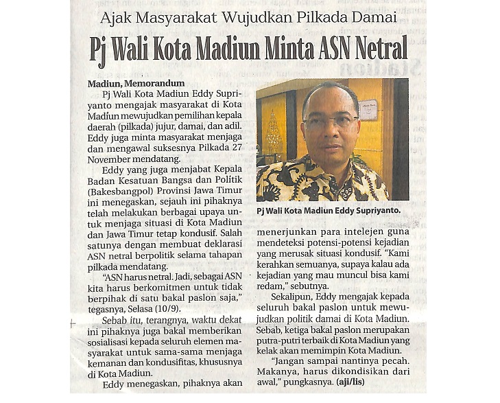 Ajak Masyarakat Wujudkan Pilkada Damai Pj Wali Kota Madiun Minta ASN Netral