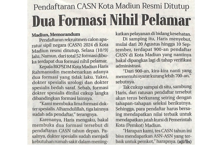 Pendaftaran CASN Kota Madiun Resmi Ditutup Dua Formasi Nihil Pelamar