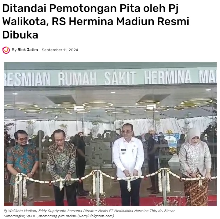 Ditandai Pemotongan Pita oleh Pj Walikota, RS Hermina Madiun Resmi Dibuka
