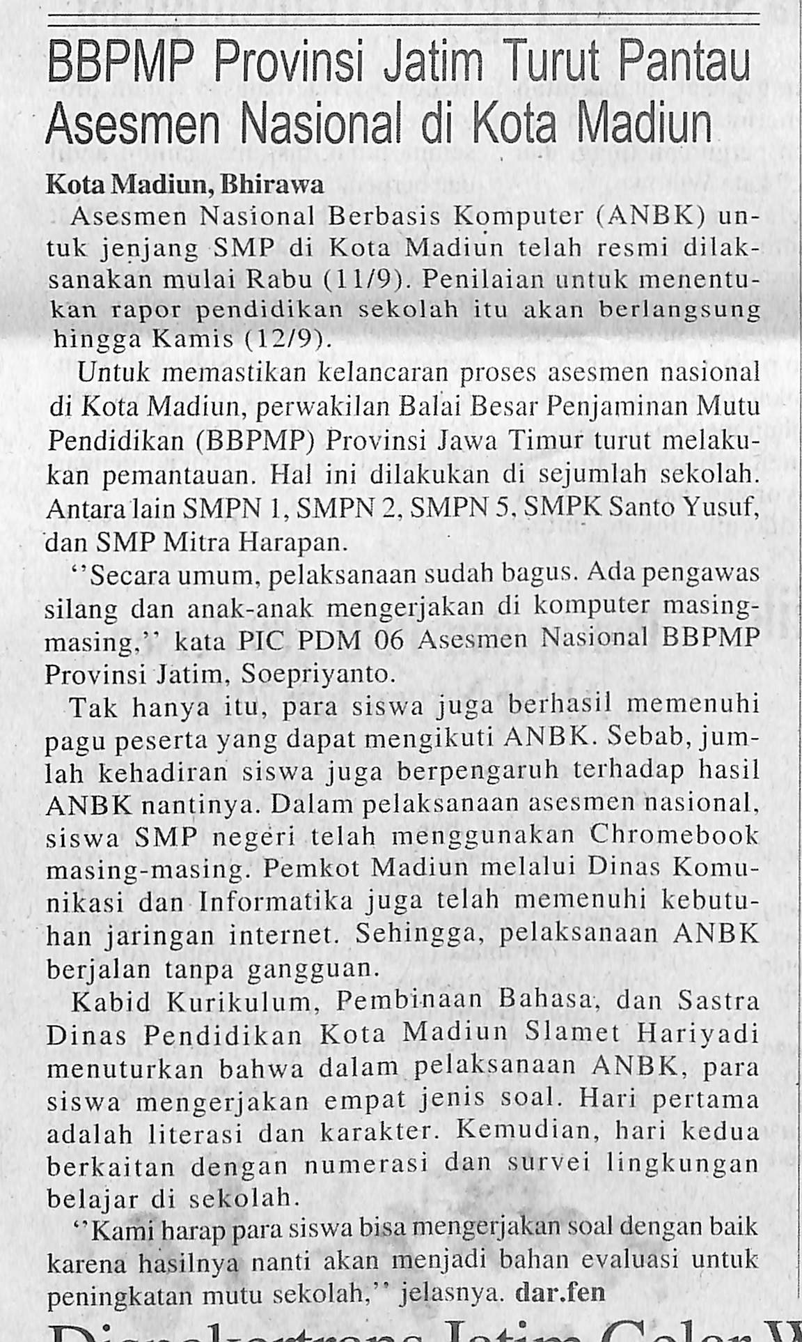 BBPMP Provinsi Jatim Turut Pantau Asesmen Nasional di Kota Madiun