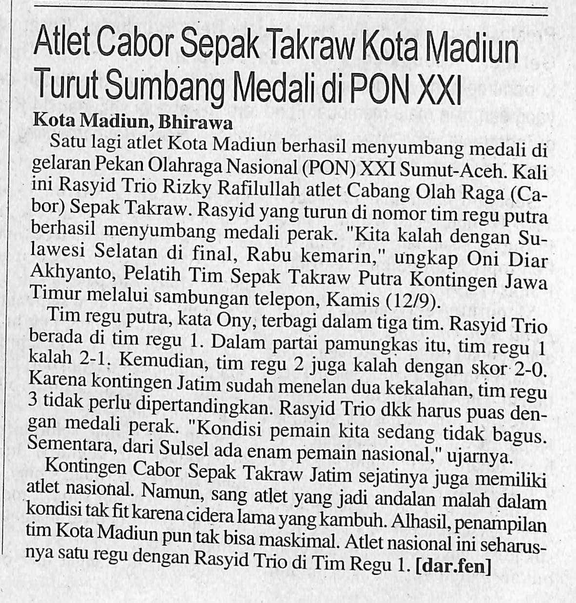 Atlet Cabor Sepak Takraw Kota Madiun Turut Sumbang Medali di PON XXI