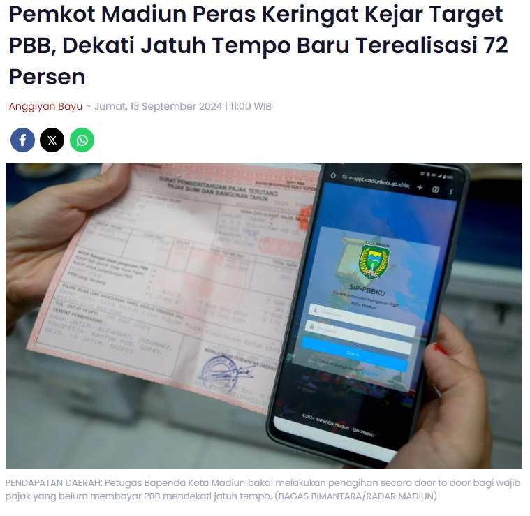 Pemkot Madiun Peras Keringat Kejar Target PBB, Dekati Jatuh Tempo Baru Terealisasi 72 Persen