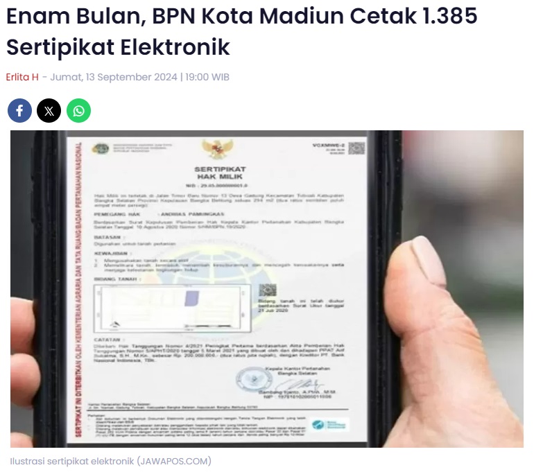 Enam Bulan, BPN Kota Madiun Cetak 1.385 Sertipikat Elektronik