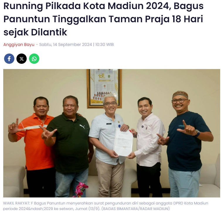 Running Pilkada Kota Madiun 2024, Bagus Panuntun Tinggalkan Taman Praja 18 Hari sejak Dilantik