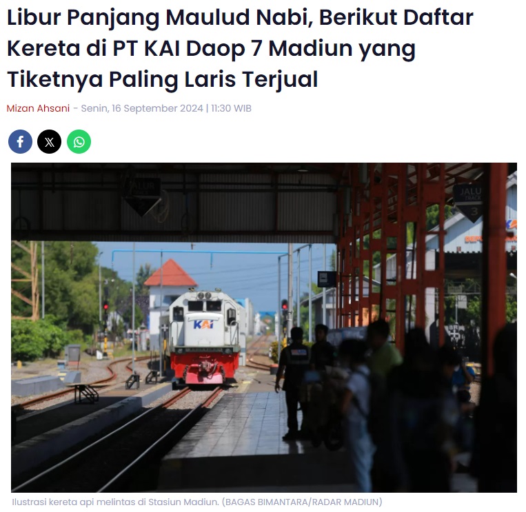 Libur Panjang Maulud Nabi, Berikut Daftar Kereta di PT KAI Daop 7 Madiun yang Tiketnya Paling Laris Terjual