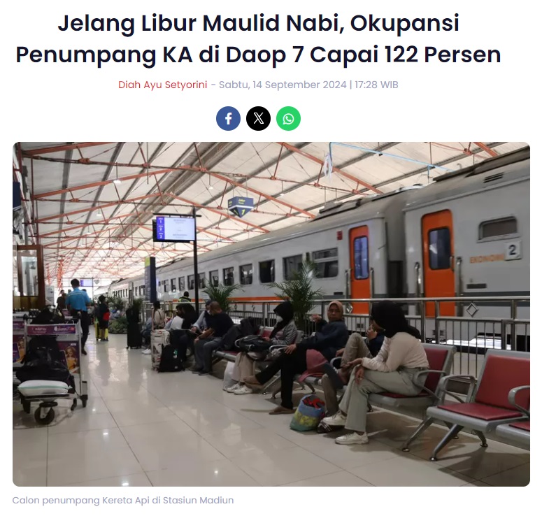 Jelang Libur Maulid Nabi, Okupansi Penumpang KA di Daop 7 Capai 122 Persen