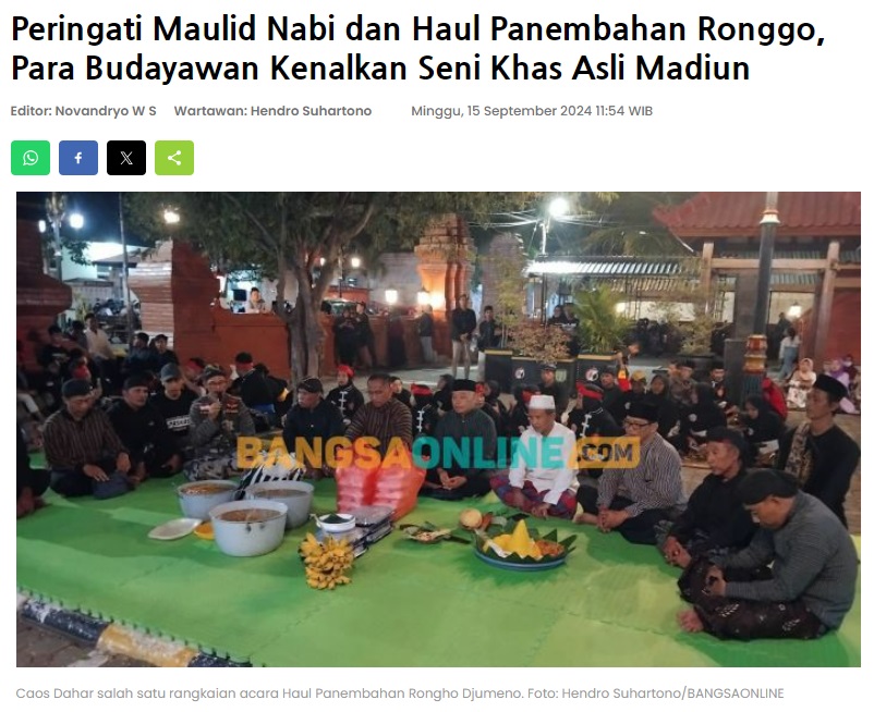 Peringati Maulid Nabi dan Haul Panembahan Ronggo, Para Budayawan Kenalkan Seni Khas Asli Madiun
