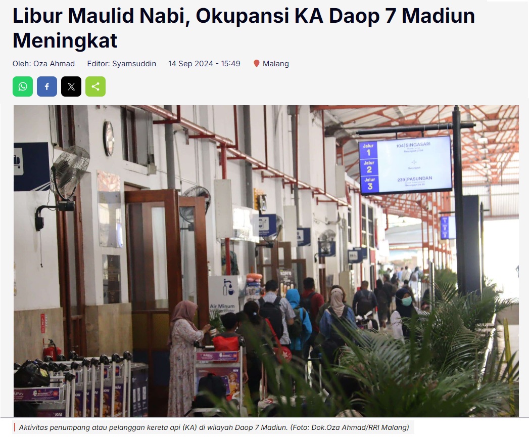 Libur Maulid Nabi, Okupansi KA Daop 7 Madiun Meningkat