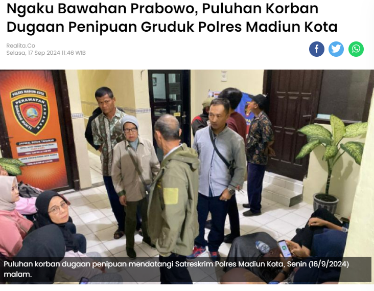 Ngaku Bawahan Prabowo, Puluhan Korban Dugaan Penipuan Gruduk Polres Madiun Kota