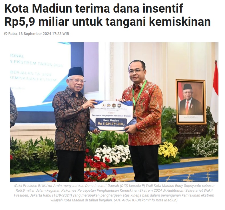 Kota Madiun terima dana insentif Rp5,9 miliar untuk tangani kemiskinan
