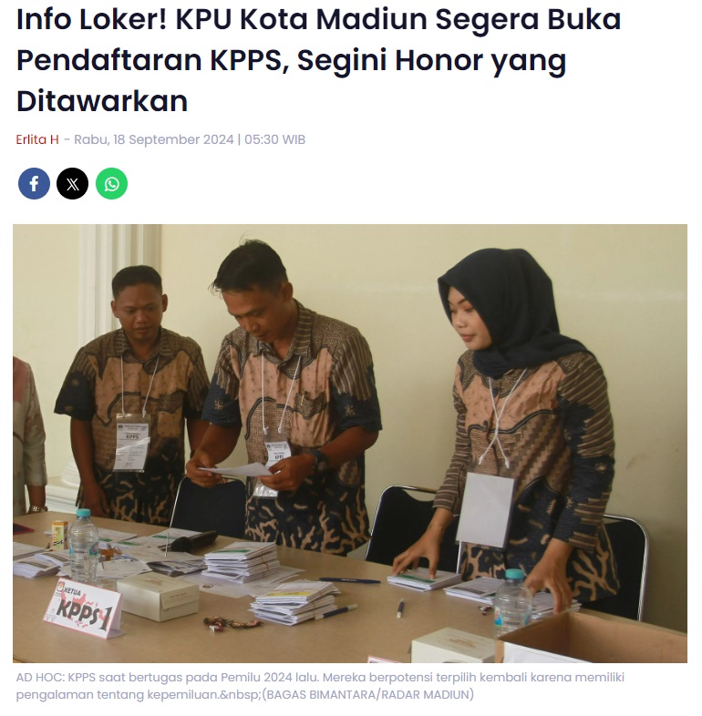 Info Loker, KPU Kota Madiun Segera Buka Pendaftaran KPPS, Segini Honor yang Ditawarkan