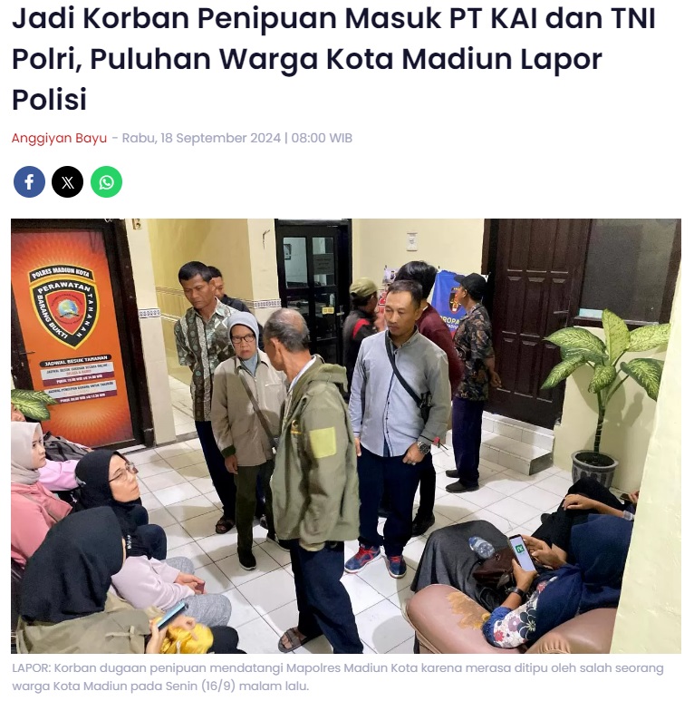 Jadi Korban Penipuan Masuk PT KAI dan TNI Polri, Puluhan Warga Kota Madiun Lapor Polisi