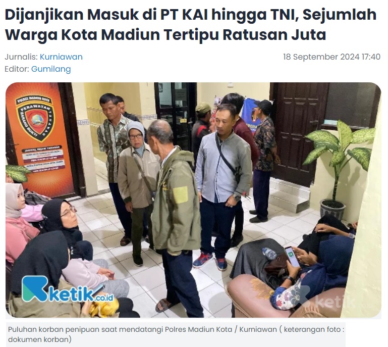 Dijanjikan Masuk di PT KAI hingga TNI, Sejumlah Warga Kota Madiun Tertipu Ratusan Juta