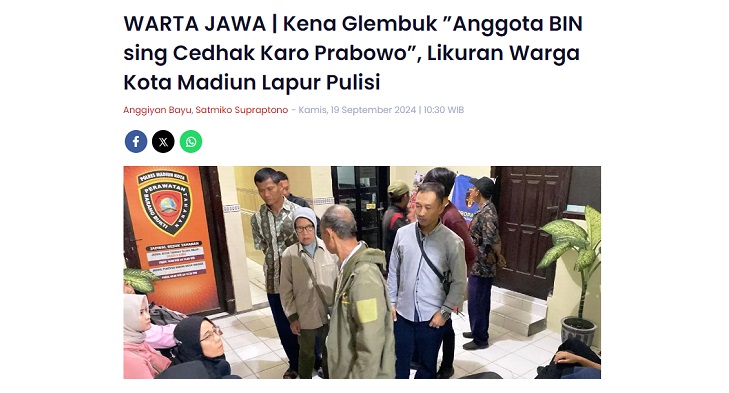 Kena Glembuk ”Anggota BIN sing Cedhak Karo Prabowo”, Likuran Warga Kota Madiun Lapur Pulisi