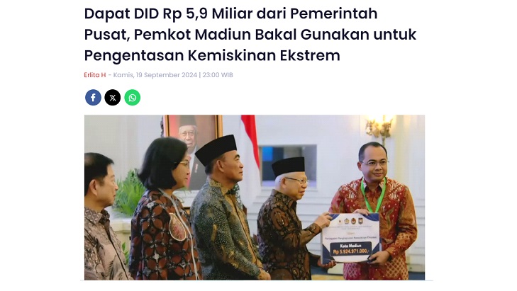 Dapat DID Rp 5,9 Miliar dari Pemerintah Pusat, Pemkot Madiun Bakal Gunakan untuk Pengentasan Kemiskinan Ekstrem