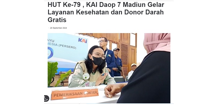 HUT Ke-79 , KAI Daop 7 Madiun Gelar Layanan Kesehatan dan Donor Darah Gratis