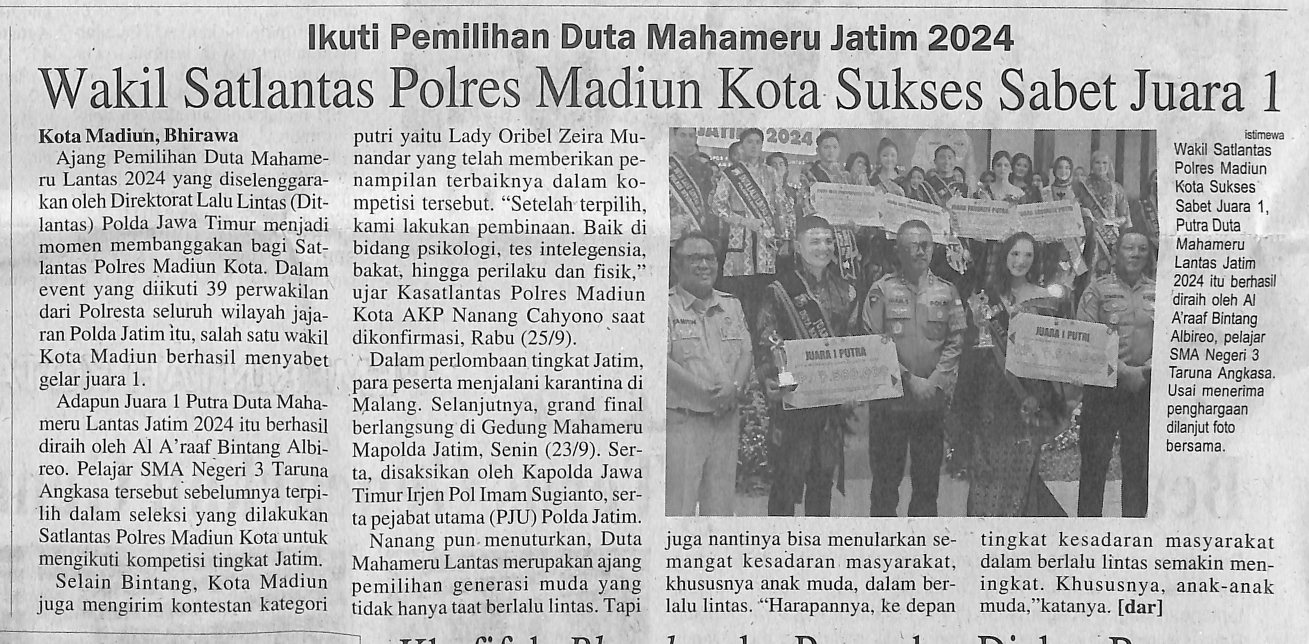 Ikuti Pemilihan Duta Mahameru Jatim 2024, Wakil Satlantas Polres Madiun Kota Sukses Sabet Juara 1