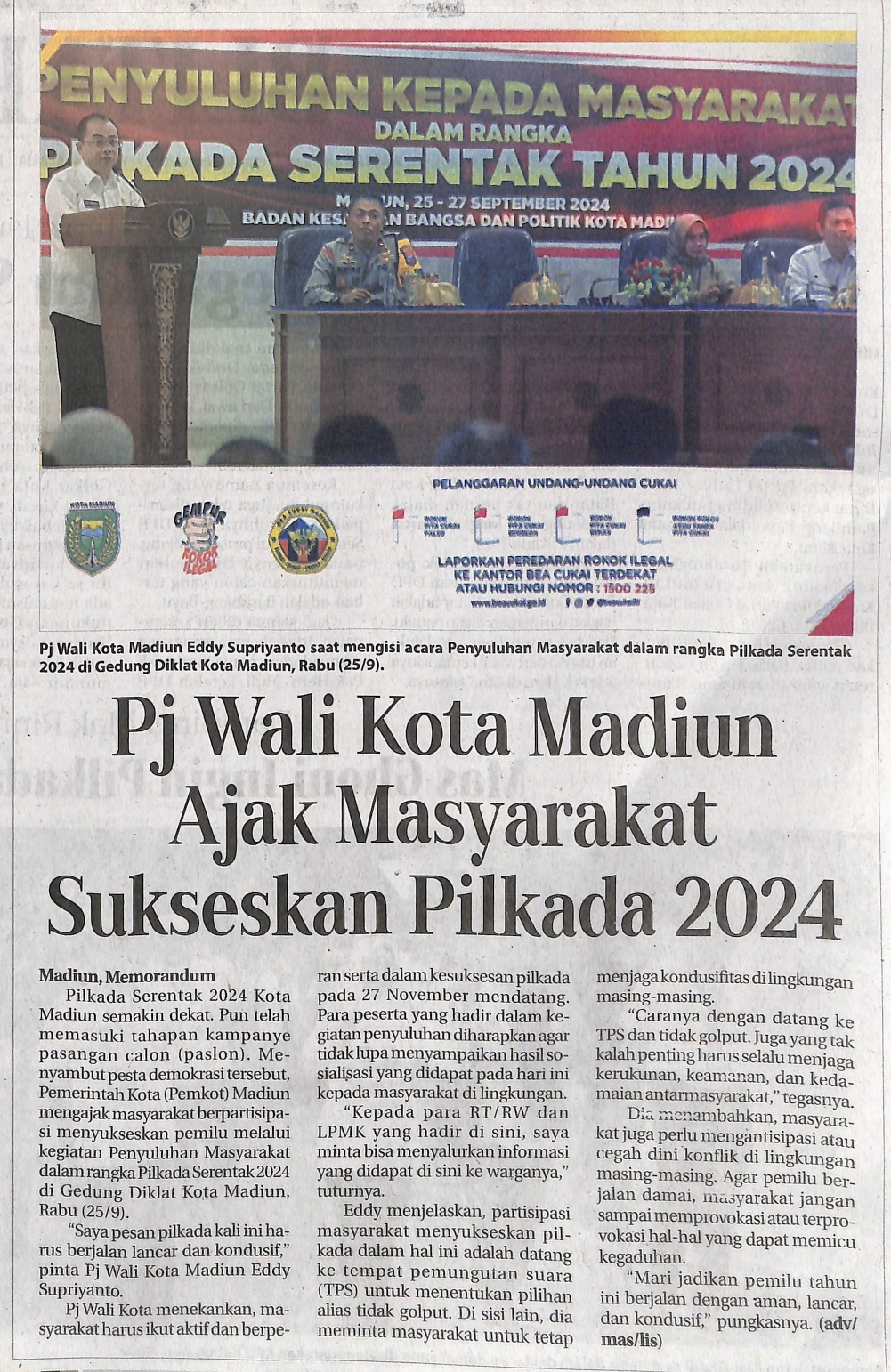 Pj Wali Kota Madiun Ajak Masyarakat Sukseskan Pilkada 2024