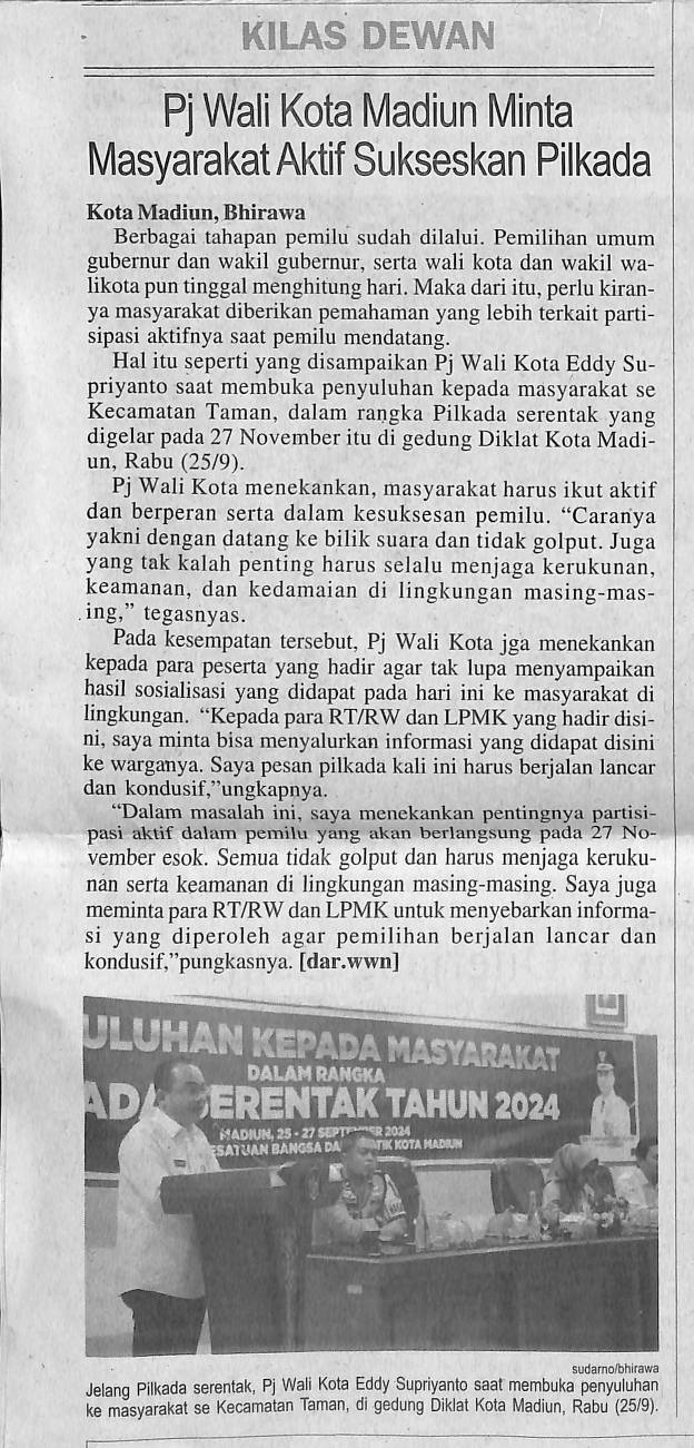Pj Wali Kota Madiun Minta Masyarakat Aktif Sukseskan Pilkada