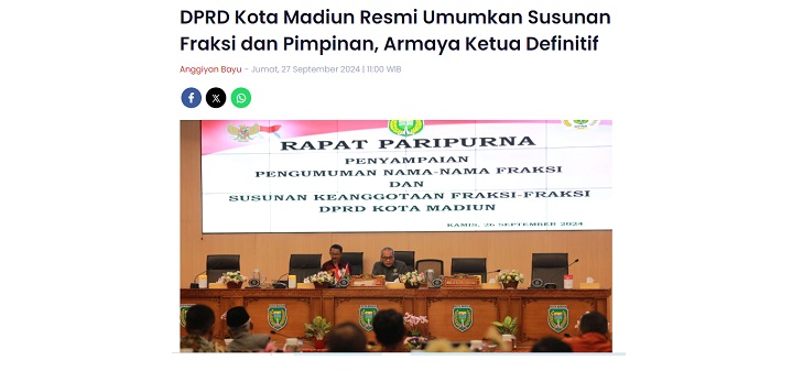 DPRD Kota Madiun Resmi Umumkan Susunan Fraksi dan Pimpinan, Armaya Ketua Definitif