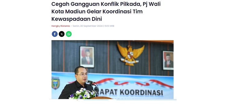 Cegah Gangguan Konflik Pilkada, Pj Wali Kota Madiun Gelar Koordinasi Tim Kewaspadaan Dini