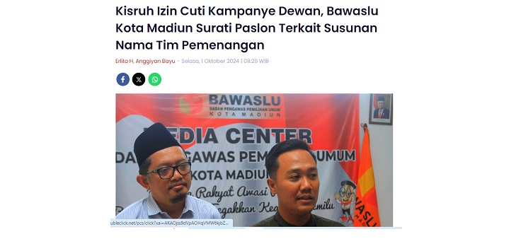 Kisruh Izin Cuti Kampanye Dewan, Bawaslu Kota Madiun Surati Paslon Terkait Susunan Nama Tim Pemenangan
